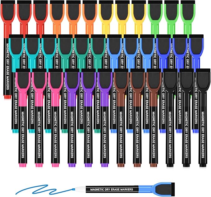 Magnetic Dry Erase Markers with Eraser Caps, 1-2mm Bullet Tip, Low Odor Quick Dry Ink, 12 Colors, Whiteboard Marker Set for Fridge Calendar Office, 36 Count