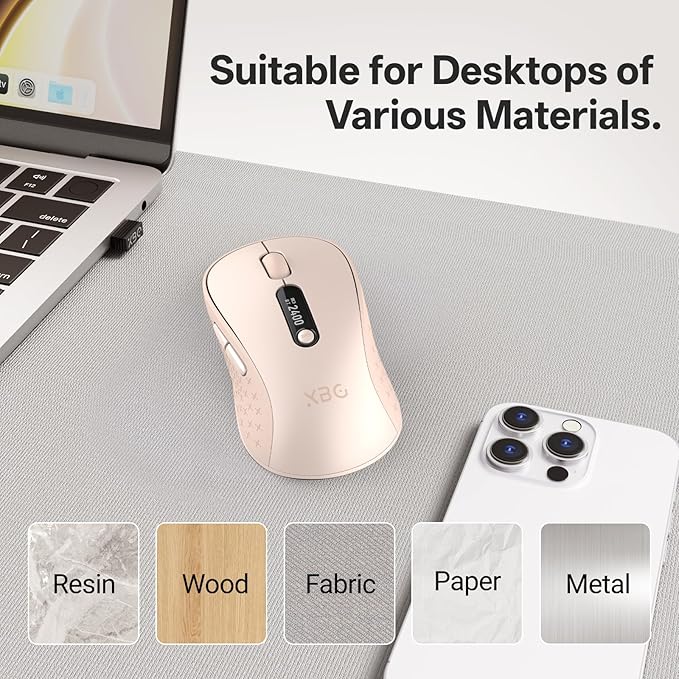 XBG B15pro Wireless Bluetooth Mouse, Bluetooth 5.0/4.0 & 2.4G Tri-Mode, Type-C Rechargeable with LED Screen Display, Ergonomic Silent Click for Laptop/PC/Tablet, Multi-Device & Office Use-Pink