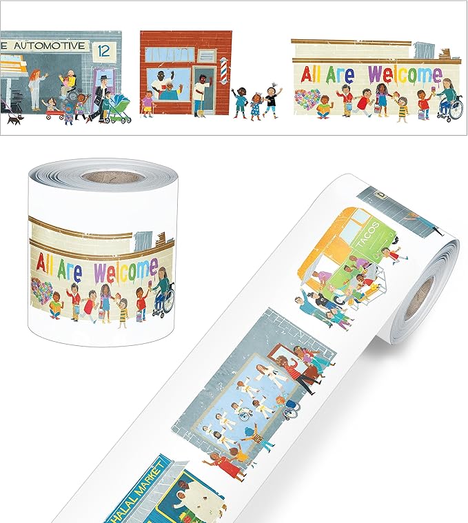 Carson Dellosa All are Welcome 65Ft Celebrate Diversity Bulletin Board Borders, 1 Roll of All are Neighbors Trim for Rolling Whiteboard, Cork and Posterboard, Office Decorations, and Classroom Decor