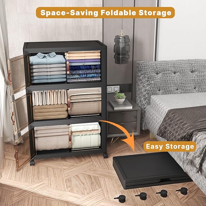 504QT Stackable Storage Bins with Lids, Doors & Wheels | Closet Organizers and Storage Cabinet , Lockable Plastic Foldable Drawers for Bedroom Dorm Office Garage（168QT*3,Black）