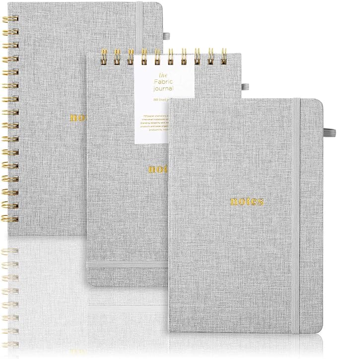 A5 Lined Journal Notebook, Fabric Hardcover, 3 Pack | 100 GSM Thick Paper 160 Pages, Elastic Band & Pen Holder College Ruled Journaling Notebooks for Work Travel (Gray)