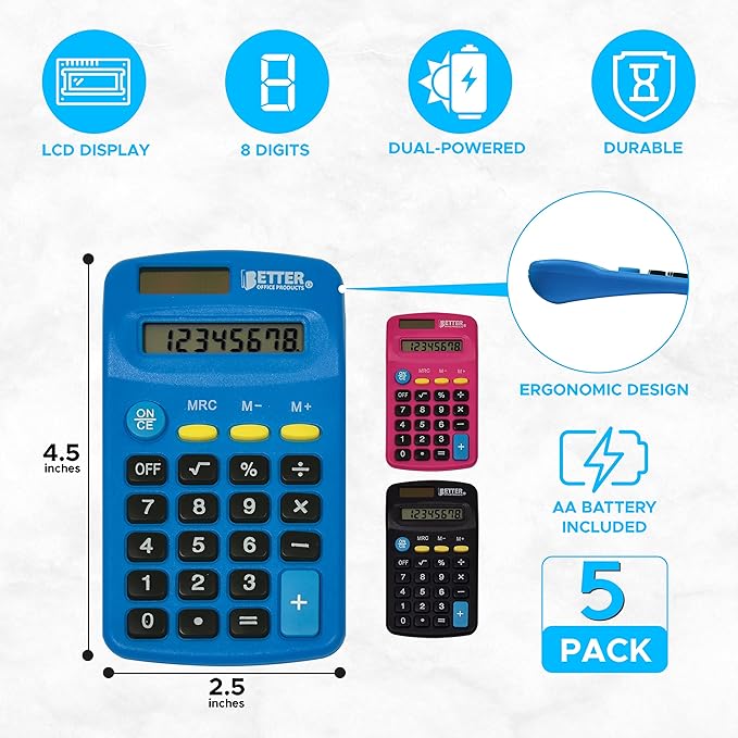 Better Office Products Pocket Size Mini Calculators, 10 Pack, Handheld Angled 8-Digit Display, Standard Function, Assorted Colors (Blue, Black, Pink), Dual Power with Included AA Battery Power