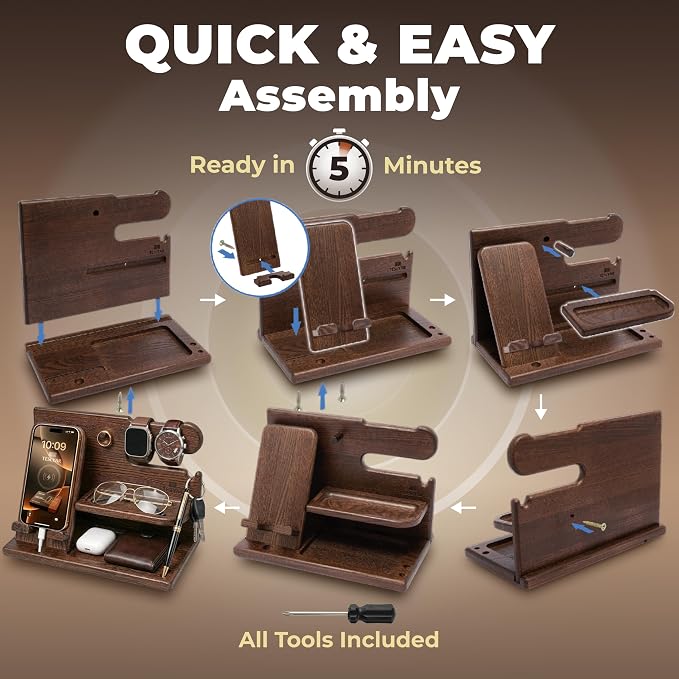 TESLYAR Wood Phone Docking Station for Men - Desk or Nightstand Organizer - Birthday Gifts for Husband, Dad - Anniversary Idea from Wife - Key Holder, Stand Wallet, Watch & Essentials (Bourbon Brown) | Mens Bedside Organiser with Key Holder, Wallet & W...