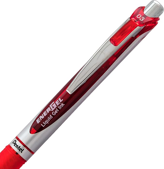 Pentel Gel Ink Pen, EnerGel RTX Retractable Gel Pen, (0.3mm) Needle Tip, Extra Fine Point, Red Ink, 2 Pk (BLN73BP2B)