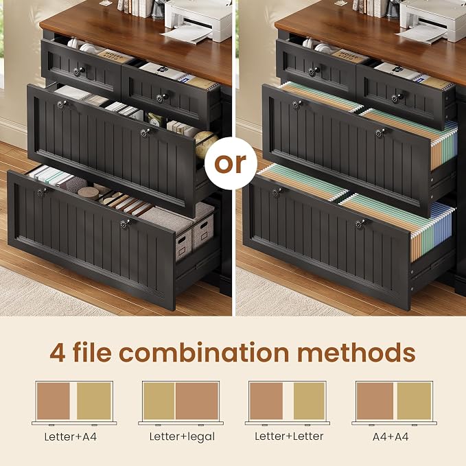 SEDETA 4 Drawers File Cabinet, 33" Farmhouse Filing Cabinets for Home Office fit Legal/Letter/A4 File, Wood Office File Cabinet with Power Outlets, Printer Stand with Storage, Black+Brown