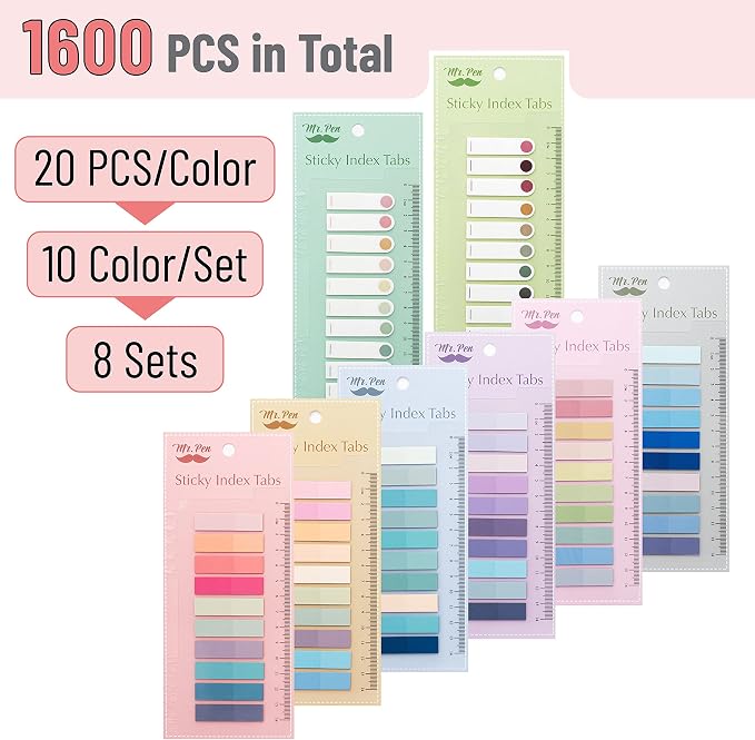 Mr. Pen- Colorful Sticky Tabs, 8 Sets, 1600 pcs, Morandi and Vintage | Translucent Page Markers, Water-Resistant Book Tabs for Annotating, Bible Study, Planning, Indexing & Document Organization