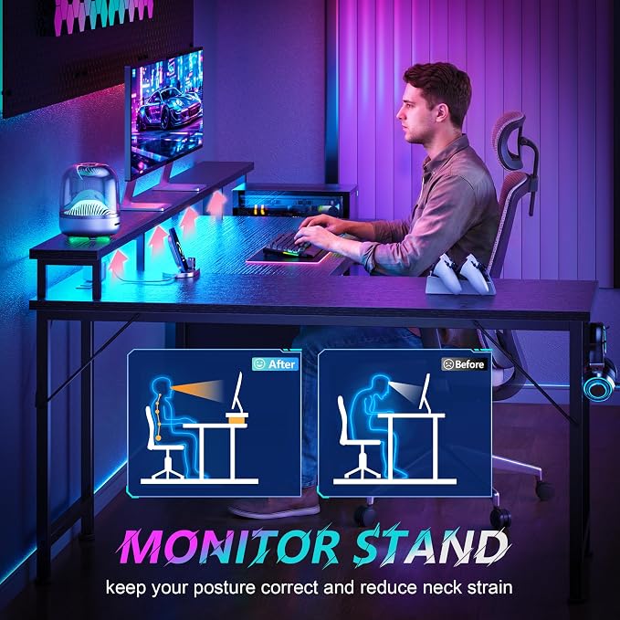 Korfile 66'' L Shaped Gaming Desk with Storage Drawers, Power Outlets, LED | Large Reversible Computer Desk for Multiple Monitors, Black Corner with CPU Stand for Gaming, Work, Home Office, Bedroom