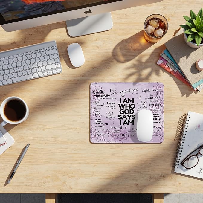 Inspirational Christian God Says I Am Mouse Pad, Purple Floral Bible Verse Affirmation Mouse Pads Mousepad for Home Office Dorm Computers Laptop Supplies Desk Accessories, 9.5x7.9 Inch