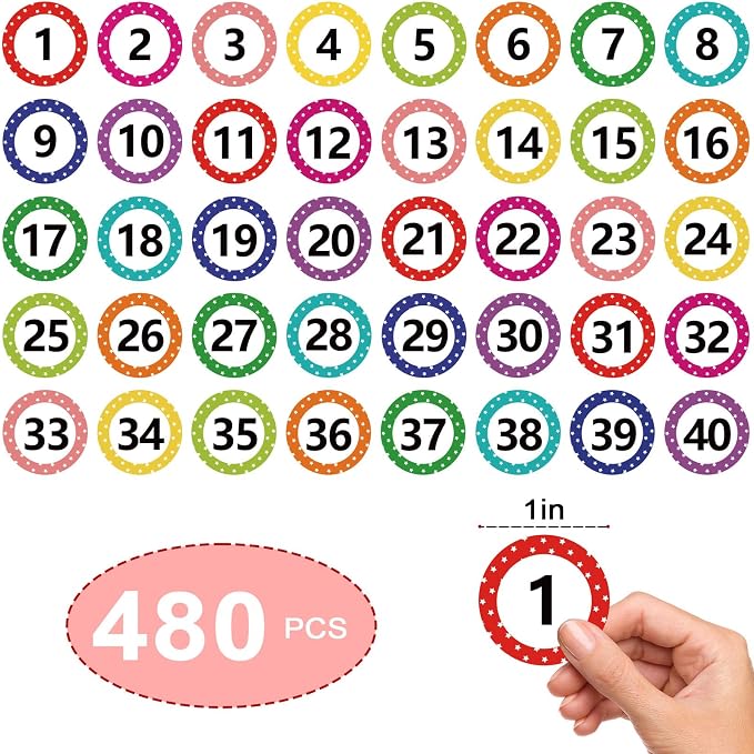 1 Inch Number Stickers for Classroom 1-40, 12 Sheets Dot Consecutive Number Labels, Colored Numbers Decals, Inventory Sticker, Dot Stickers for Office, Storage, Indoor, Boxes (10 Colors)