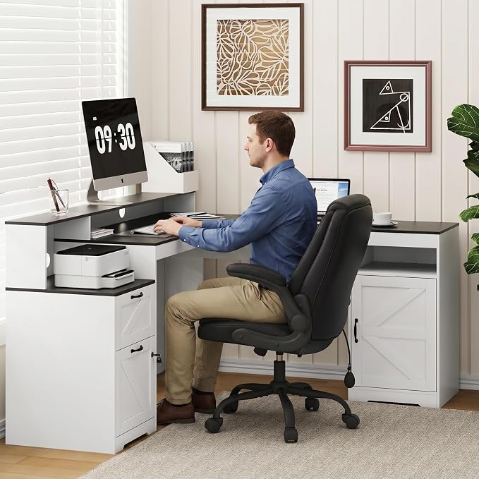 MALOL 63" Farmhouse L Shaped Executive Desk, Corner Computer Desk with Drawers & Storage Shelf, Home Office Desk with Power Outlet, Monitor Stand, Wood Grain Desktop, White & Black