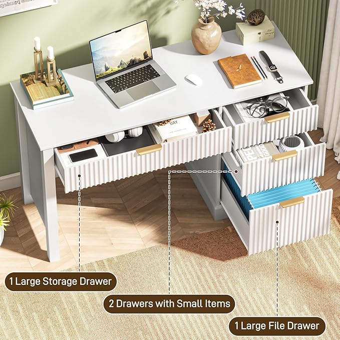Vabches Fluted Executive Desk with Drawers, Wood Computer Desk with Ample File Drawer, Home Office Desk with Storage for Study, Bedroom, Living Room, White