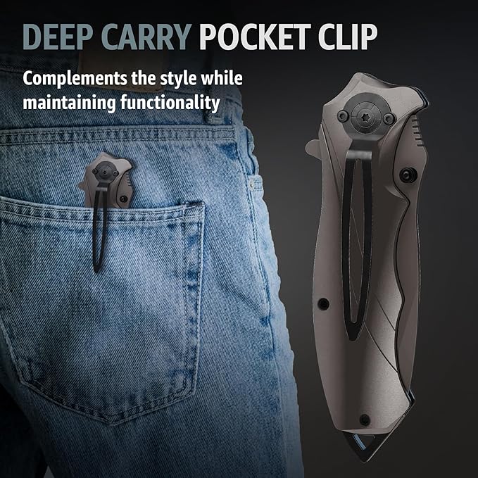 Pocket Knife for Men - Best Folding Knives with Glass Breaker and Pocket Clip - Tool for Tactical Camping Hunting Fishing EDC Survival Knife - Multifunction Bike Tools - Gifts for Men - Gray 6495
