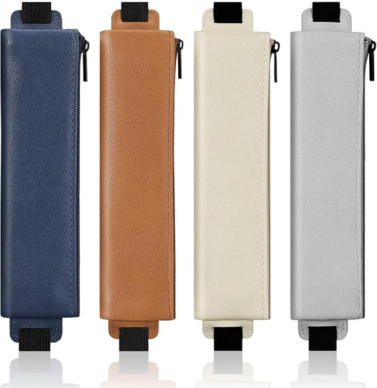 MoKo Elastic Pen Holder for Notebook, 4 Pack PU Leather Pencil Pouches | Adjustable 7.5–14.6 in bands secure the zippered pouches; each 7 × 2.2 in case holds at least 3–4 pens.