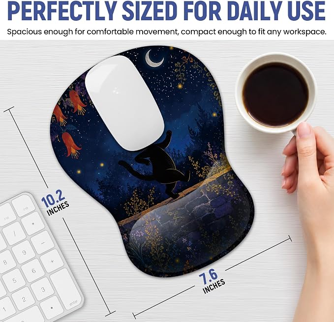 Ergonomic Mouse Pad with Wrist Rest, Gel Wrist Support, Starlit Cat | 10.2 x 7.6 in Mouse Pad with Smooth Fabric Surface and Non-Slip Rubber Base for Office, Home, Study, and Gaming