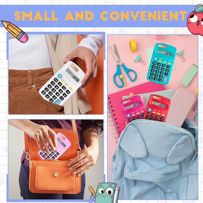 12 Packs Pocket Size Mini Calculator Basic Calculators for Handheld Angled Students 8 Digit Display Solar Battery Dual Power Small Calculator for Students Kids Home Office (12 Colors)