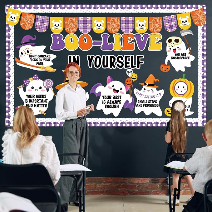 Halloween Ghost Bulletin Board Set Classroom Decorations Cute Ghost Paper Cutouts Halloween Theme Motivational Inspirational Bulletin Board for School Classroom Home Office Wall Door Decor Supplies
