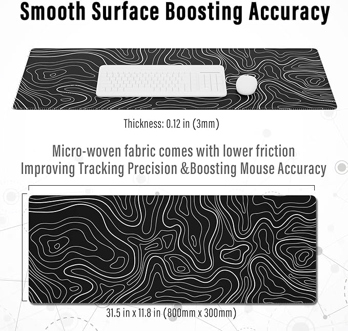 Ovenbird Large Gaming Mouse Pad with Stitched Edges, Topographic Map Topo Mousepad Gaming, Extended XL Large Mousepad with Anti-Slip Base, Cool Mouse Pads for Desk, 31.5 x 11.8 in, Black