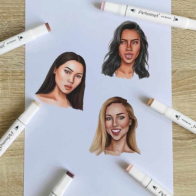 Arhomet 6 Colors Skin Tone Alcohol Markers Set, Skin, Wood, Earth Colors Dual Tips Art Markers Drawing Sketched Double Tipped for Adults Beginner Artists (Skin Tone)