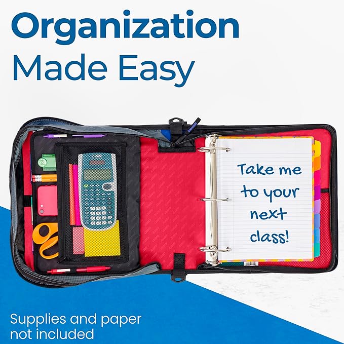 Case-it Zipper Binder | 3-Inch O-Rings | 600-Sheet | D-146 Fire Engine Red | Mighty Zip Tab, 5-Color Tab Expanding File Folder, Multiple Pockets, Shoulder Strap, 6-Pack, School & Office