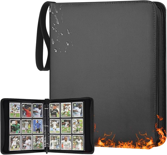 GERMUN Fireproof 3 Ring 9 Pocket Zipper Card Binder, 720 Double Sided Standard PU Trading Card Album Folder for TCG & Sports Cards, Not Fit Top Loaders (Black)