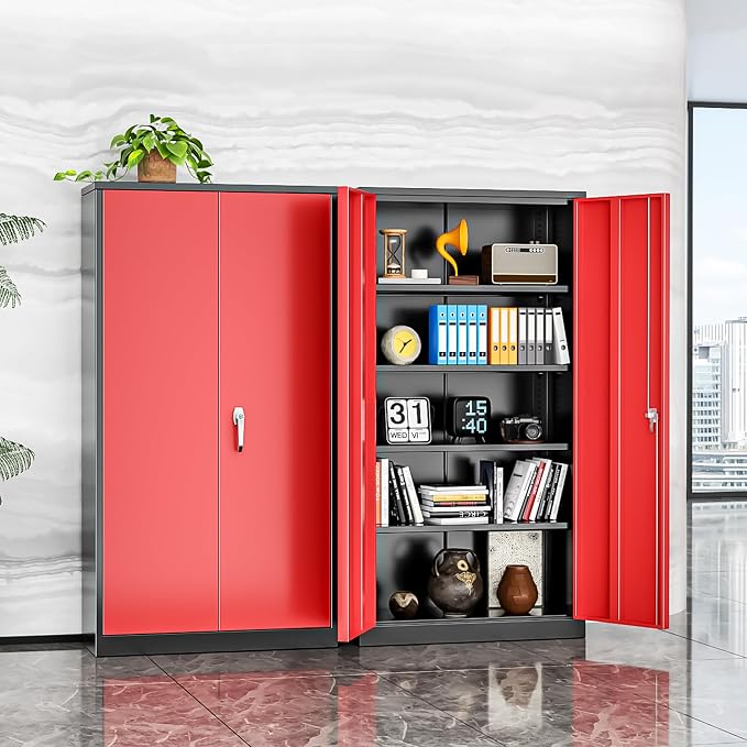 Metal Storage Cabinet with Doors, 72" Locking Steel Storage Cabinet with Shelves, Tall Metal Cabinet Lockable Steel Cabinets for Home Office, Garage,(Black+Red)