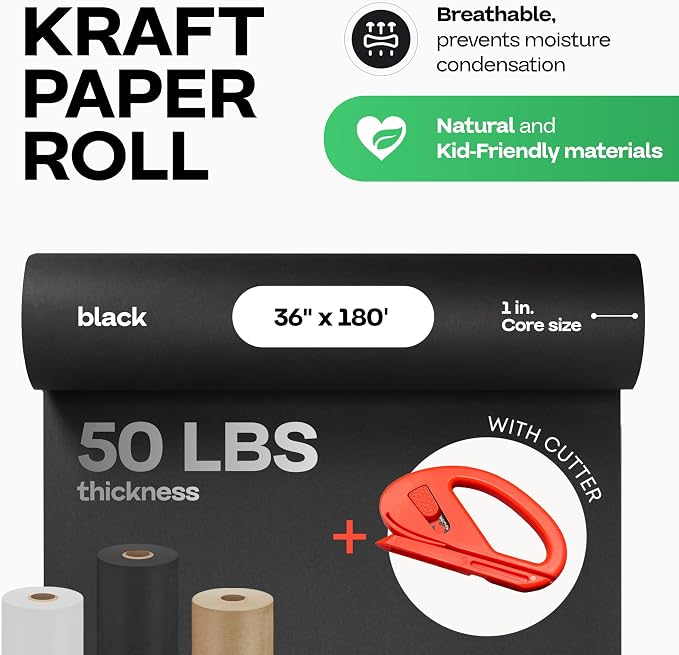 Black Kraft Paper Roll 36" x 2160" (180 feet) with Cutter - USA-Made