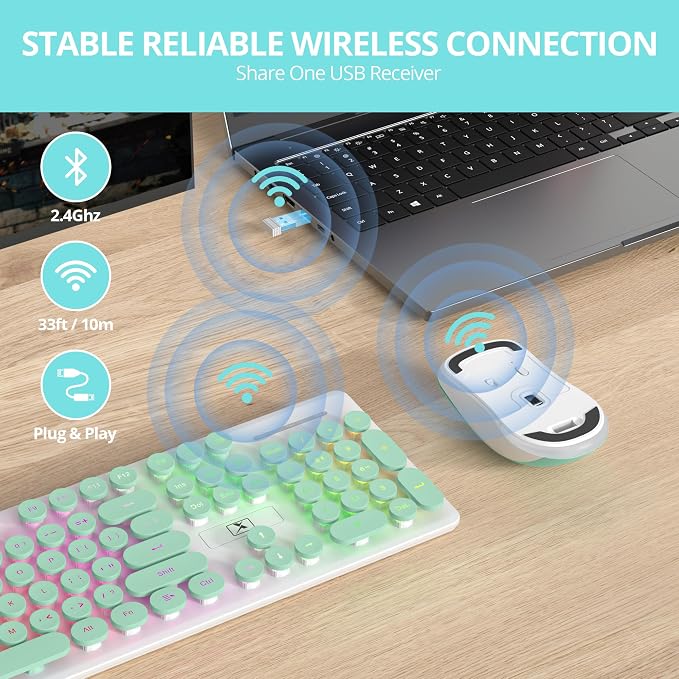 Backlit Wireless Keyboard and Mouse, 2.4GHz Light Up Typewriter Rechargeable Cordless Quiet Keyboard with USB Receiver for PC/Laptop (Cyan)