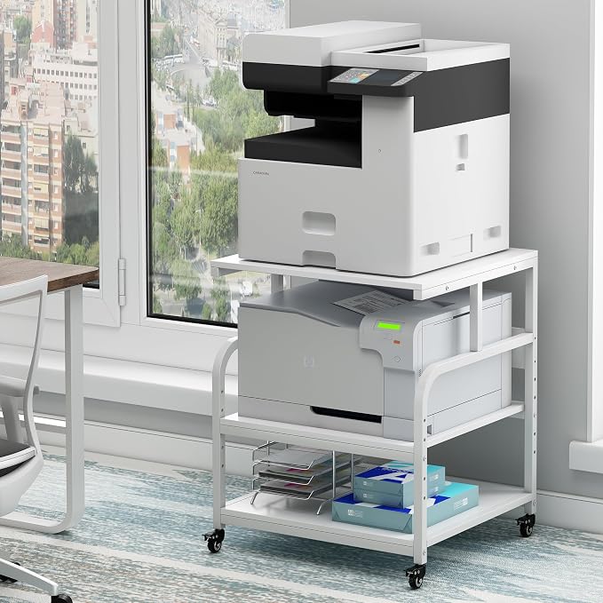 Fannova 25.6"x23.6"x30.9" Extra Large White Printer Stand with Storage | Height Adjustable Middle Shelf, Heavy Duty 3D Printer Table with Industrial Wheels, 3 Tier Printer Cart for Home Office