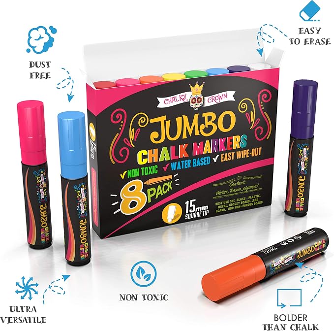 CHALKY CROWN Jumbo Liquid Chalk Markers - Bold Colors - 8 Pack, 15mm | Extra-Wide 15mm Reversible Square Tip for Bold Signs & Posters - Bright Assorted Colors for Chalkboards & Glass