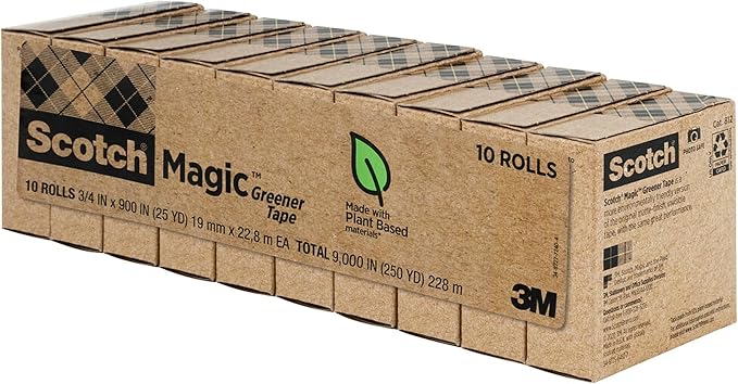 Scotch Magic Greener Tape, 10 Rolls, Numerous Applications, Invisible, Engineered for Repairing, 3/4 x 900 Inches, Boxed (Pack of 12)