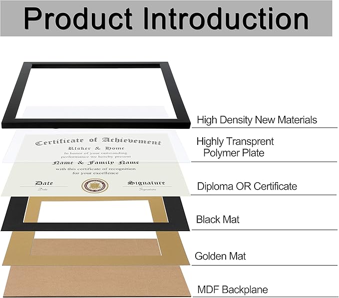 ELSKER&HOME 8.5x11 Certificate Frame - Classic Black Color Frame - Displays Diploma 8.5x11 Inch with Mat - 11x14 Inch Without Mat - For Document/Photo(2 Pack, Matte Black with Gold Rim)