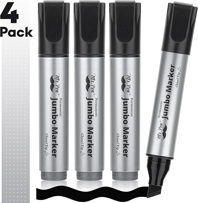 Mr. Pen- Jumbo Permanent Markers, 4 Pack, Chisel Tip, Black, Thick, Large, Wide Tip
