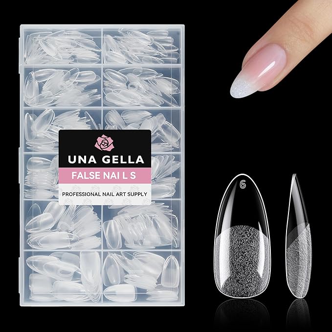 UNA GELLA 504Pcs Medium Pointed Almond Nail Tips Pre-shape Almond Gel Nails | Pre Etched Full Cover Acrylic Clear Press on Fake Nails Tips for Nail Extension Art DIY Salon 12 Sizes