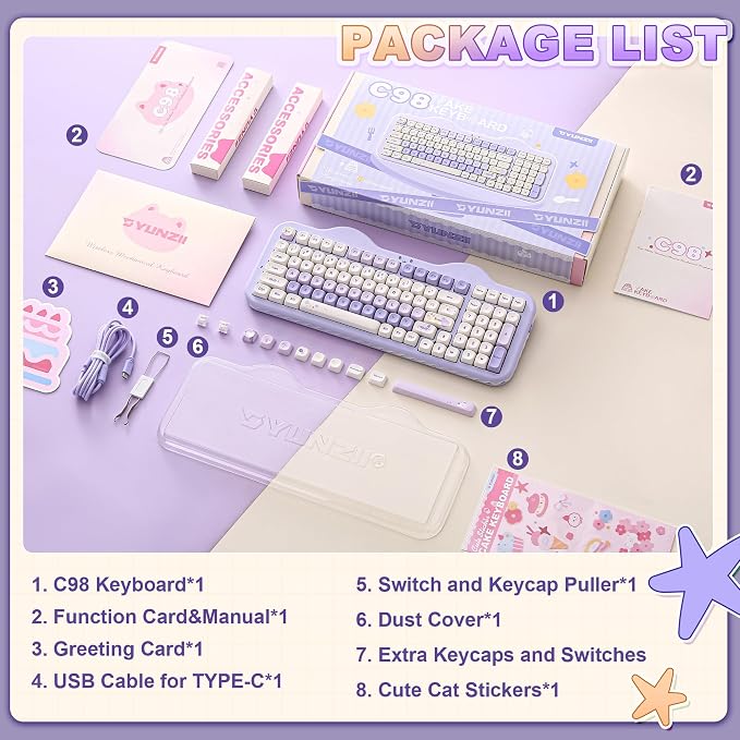 YUNZII C98 Cute Cake Wireless Mechanical Keyboard (Purple, Candy Switch) | 99 Keys with Number Pad, Hot Swap, PBT MOA Keycaps, BT5.0/2.4G/USB-C, Gasket Mount, Custom RGB Backlit for Win/Mac