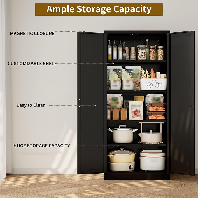 BESFUR 71" Tall Black Kitchen Pantry Cabinet, Metal Food Storage Cabinet with 4 Adjustable Shelves, Freestanding Cupboard with Doors for Kitchen, Dining Room, Living Room, Bathroom, Laundry Room