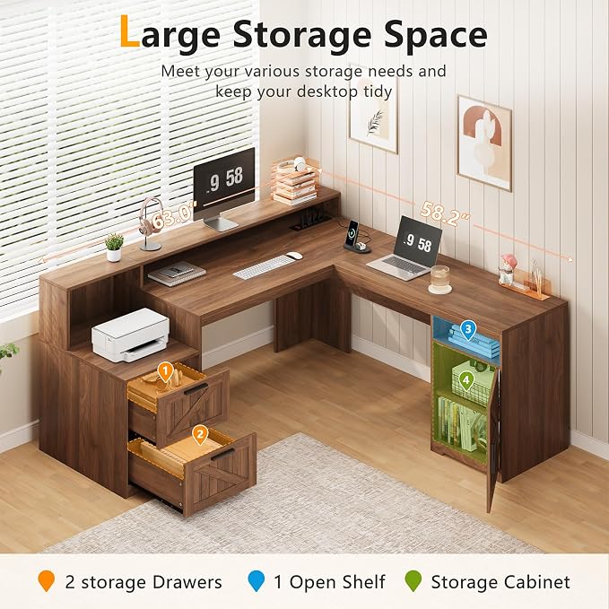 63" Farmhouse L Shaped Desk with Drawers & Printer Shelf for Home Office | Corner Computer Desk with Storage, Power Outlets, L Shaped Office Desk with Monitor Stand, Printer Shelf, Brown