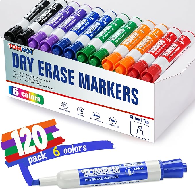 Dry Erase Markers 120 Count 6 Assorted Colors,Chisel Tip,Back to School | Whiteboard Markers for Adults Teachers Gifts,Non-Toxic Low Odor,Bulk for Classroom,Office,Home,Quick-Dry & Easy to Erase