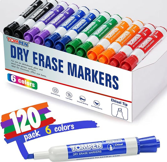 Dry Erase Markers 120 Count 6 Assorted Colors,Chisel Tip,Back to School | Whiteboard Markers for Adults Teachers Gifts,Non-Toxic Low Odor,Bulk for Classroom,Office,Home,Quick-Dry & Easy to Erase