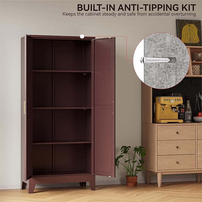 COFaR 61" Metal Storage Cabinet with Doors and Adjustable Shelves, Tall Pantry Cabinet Freestanding Kitchen Pantry Storage Cabinet, Steel Cupboard for Bathroom, Living Room & Office, Reddish Brown