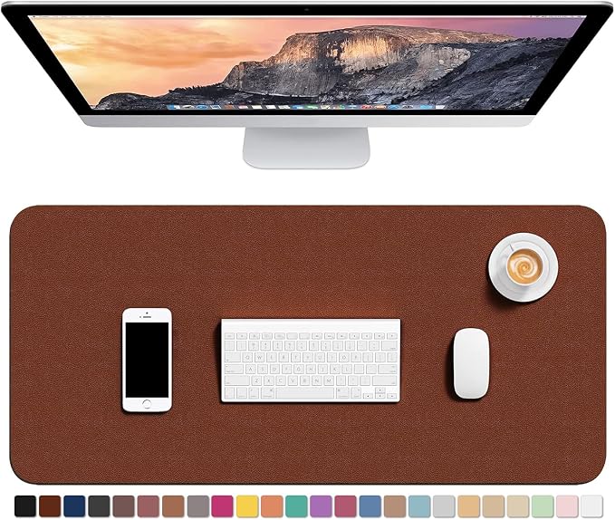 Hsurbtra Desk Pad, 30" x 14" Dual Side PU Leather Desk Mat, Waterproof Non-Slip Desktop Blotter Protector, Large Mouse Pad for Laptop Keyboard Office Home, Brown & Grey