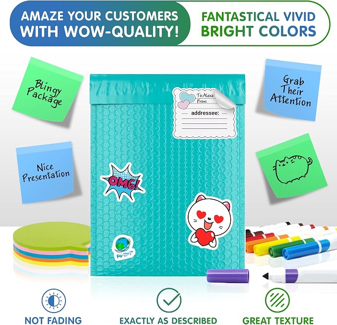 Poly Bubble Mailers, 5 x 9 Inch Teal Padded Mailers, Self Seal Shipping Envelopes, Lightweight Poly Mailer Bags, Waterproof Mailing Bags, Pack of 25