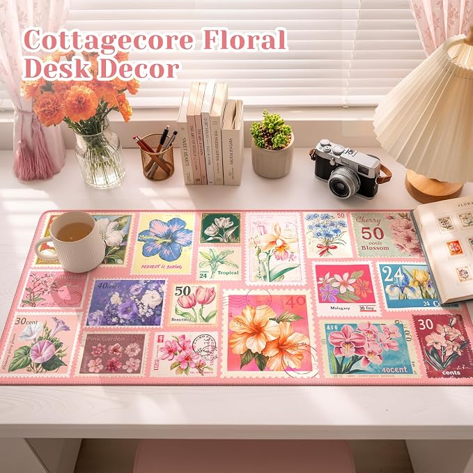 iCasso Floral Desk Pad Mat, XXL Large Mouse Pad, Pastel Pink | Anti-Slip Retro Mousepad with Stitched Edges, Computer Keyboard Mat for Desktop Decor, Aesthetic Office Desk Accessories