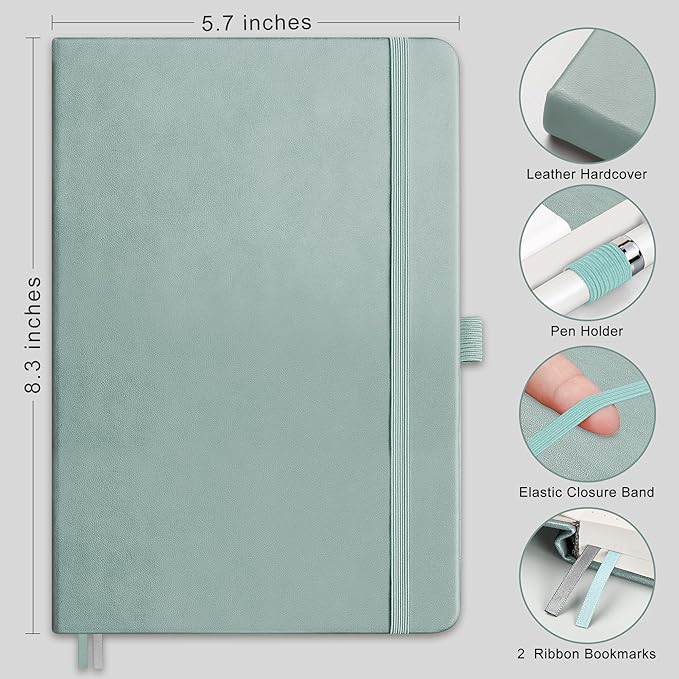 RETTACY Graph Grid Paper Notebook, 192 Pages, A5 Medium Size (5.7'' x 8.3''), 5 Squares per Inch, Leather Hardcover, 100 GSM Thick Paper, for School, Students, Math, Engineering (Blue-gray)