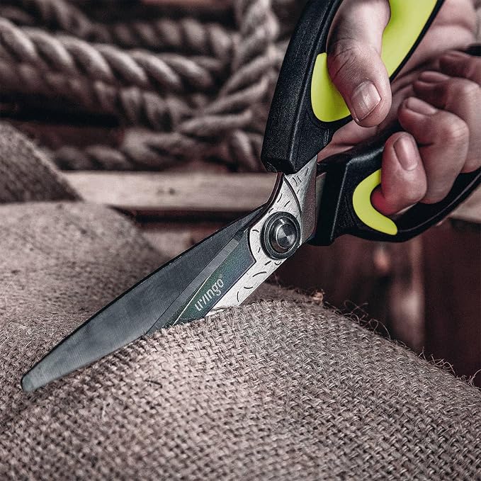 LIVINGO 10" Heavy Duty Multipurpose Shears for Shop & Garden (Green/Black) | Forged Stainless Steel With Titanium Coating Cuts Fabric, Cardboard, Pruning Branches, Household Materials, Rust-resistant