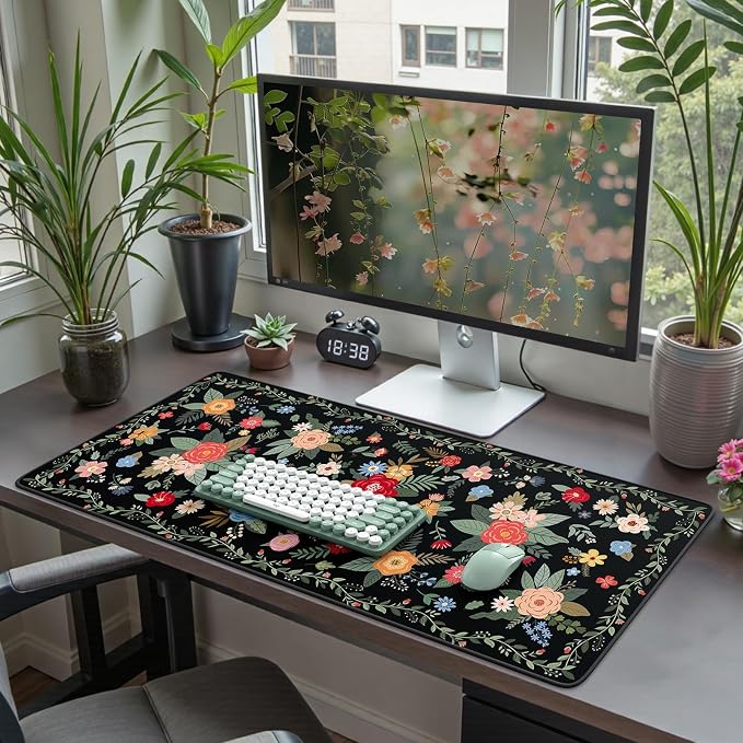 iCasso Desk Mat for Keyboard and Mouse,Cute Mouse Pad,Black Floral | Anti-Slip Desk Matt for Desktop,Soft Lycra Surface Computer Mat Women,Girly Big Mousepad for Home Office