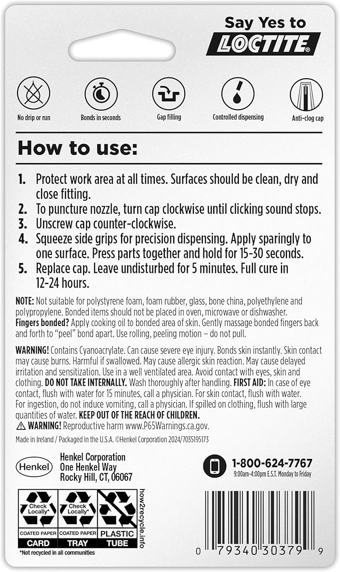 Loctite Super Glue Gel Control, Clear, 0.14 fl oz Bottle, Pack of 3