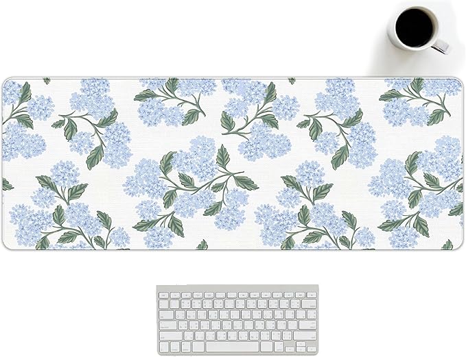 UTELKA Blue Desk Mat, Flroal Desk Matt for Desktop Mouse Pad 31.5x11.8 | Blue Desk Accessories, Blue and White Mouse Pad, Hydrangea Extra Large Desks Mat, Aesthetic Office Accessories for Women