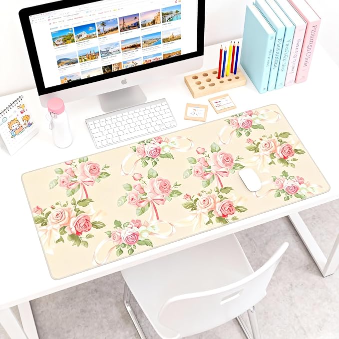 Cute Floral Aesthetic Rose Gaming Mouse Pad, Pink Macaron Desk Mat with Anti-Slip Base & Stitched Edges, Computer Keyboard & Laptop Pad, 35.4" x 15.7" in in Workstation Accessories