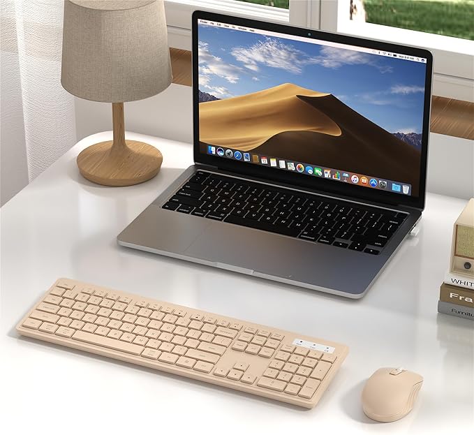Wireless Keyboard and Mouse Combo, Full-Size 104-Key Office Keyboard with 15 Function Keys, Numeric Keypad, Single USB Receiver, Compatible with PC and Laptop(Milk-Tea Only)