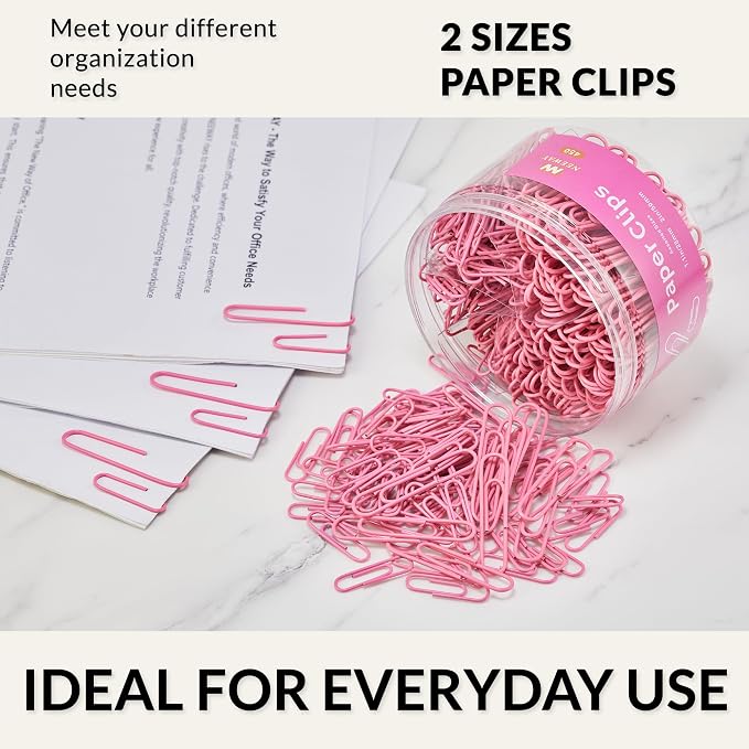 NEEWAY 450pcs Paper Clips Assorted Sizes, Small and Large Paper Clips (1.1 inch, 2 inch), Coated Paperclips for Office School Document Organizing (Rose Pink)